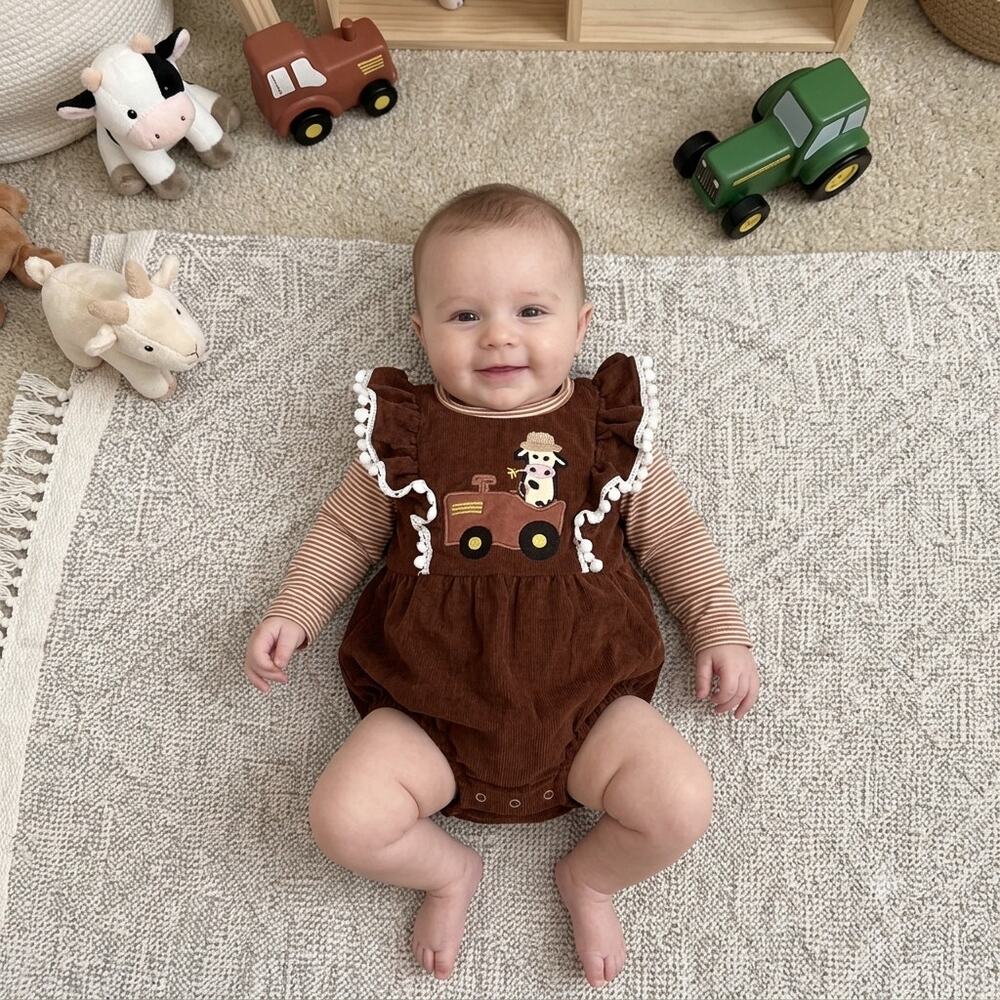 Marie Nicole Baby Girl Brown Striped Cow Tractor Farmer Corduroy Bubble Sz 6-12M